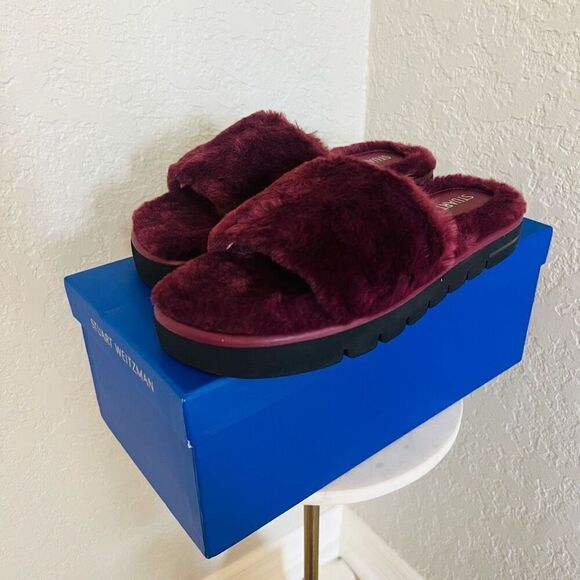 STUART WEITZMAN Elodie Chill Faux Fur Slide Slipper Sandal Size 9 Cranberry NWT - Picture 8 of 16